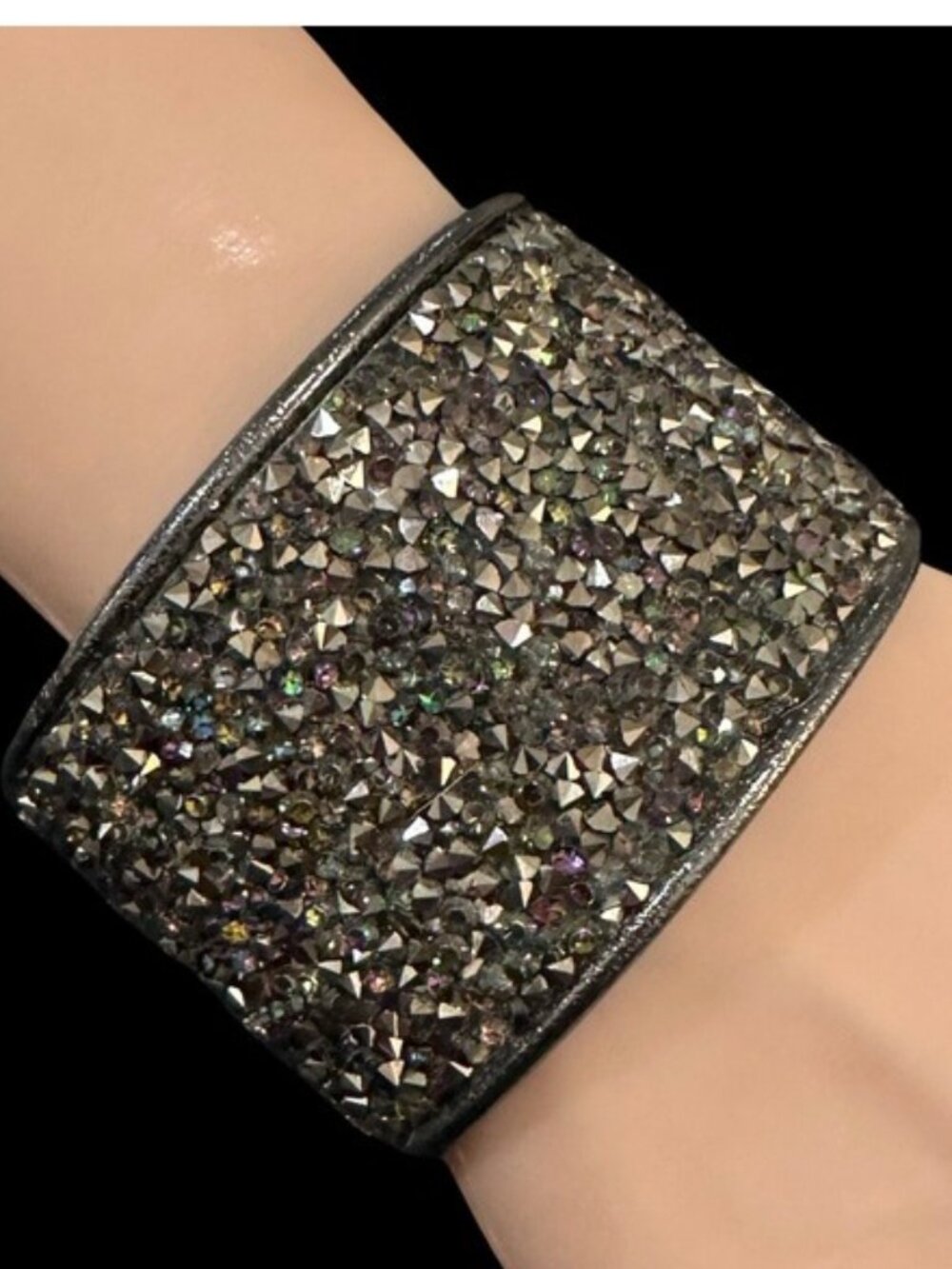 Wide Crystal-Encrusted Gunmetal Purple Silver Cuff Bracelet